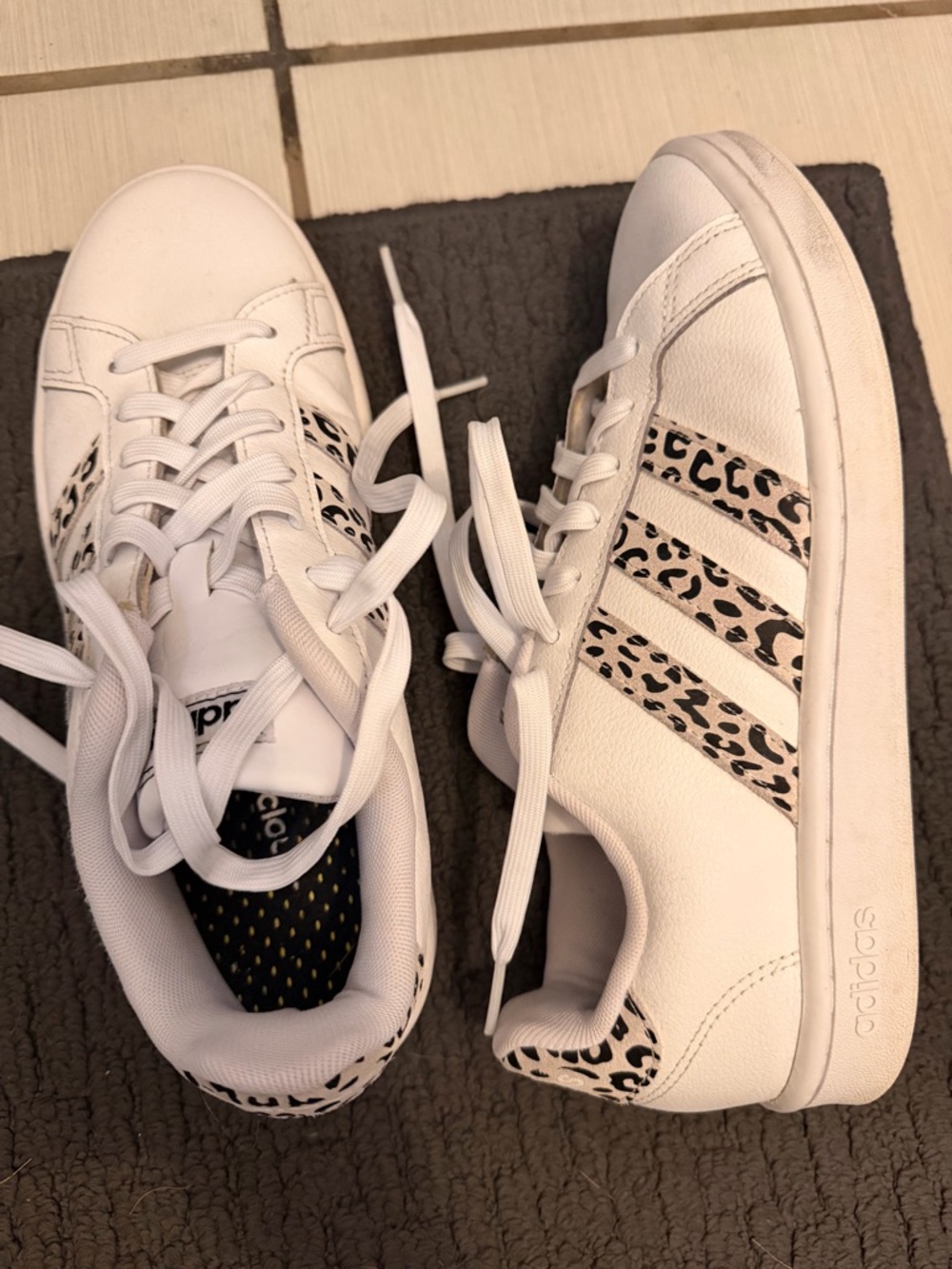 adidas White Sneakers with Black Leopard Print Stripes